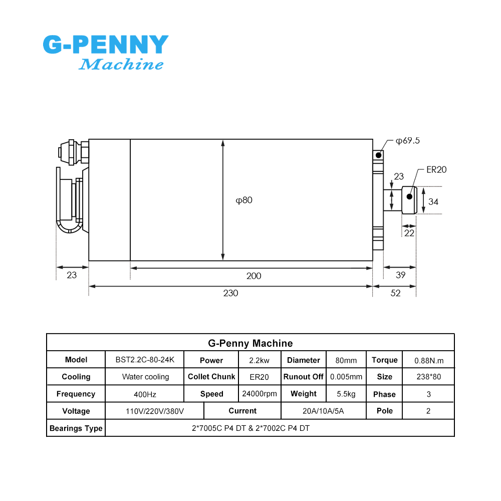 G-Penny 2.2kw ER20 CNC Water C - 2.2Kw Water Cooled Spindle Kit Vfd 评论和价格